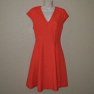 NWT $1390 Sz 2 Lela Rose Coral Orange-ish Red V-Neck A-Line Cap Sleeve Dress